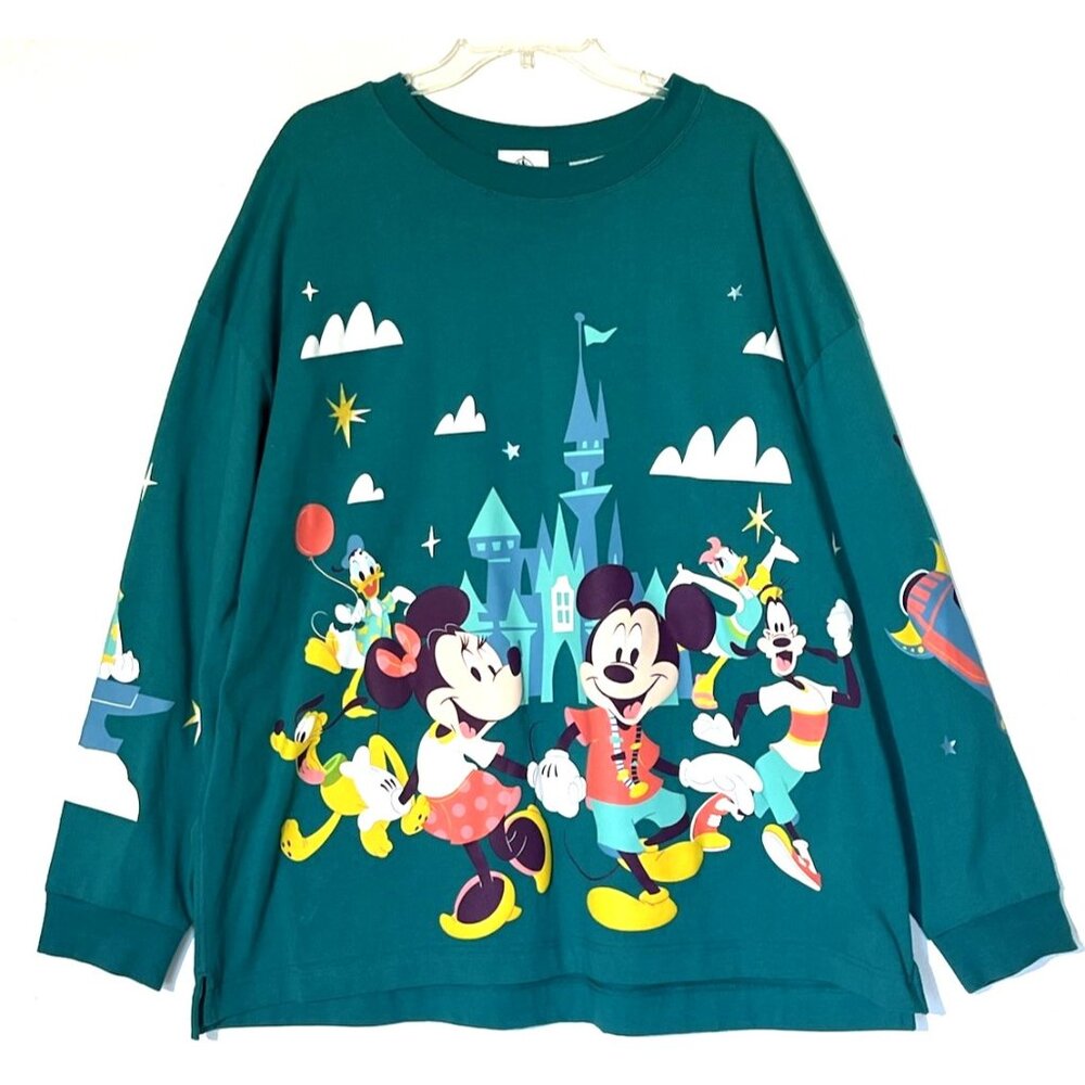 New Disney Play in the Park Teal Mickey Friends Spirit Jersey Sweatshirt